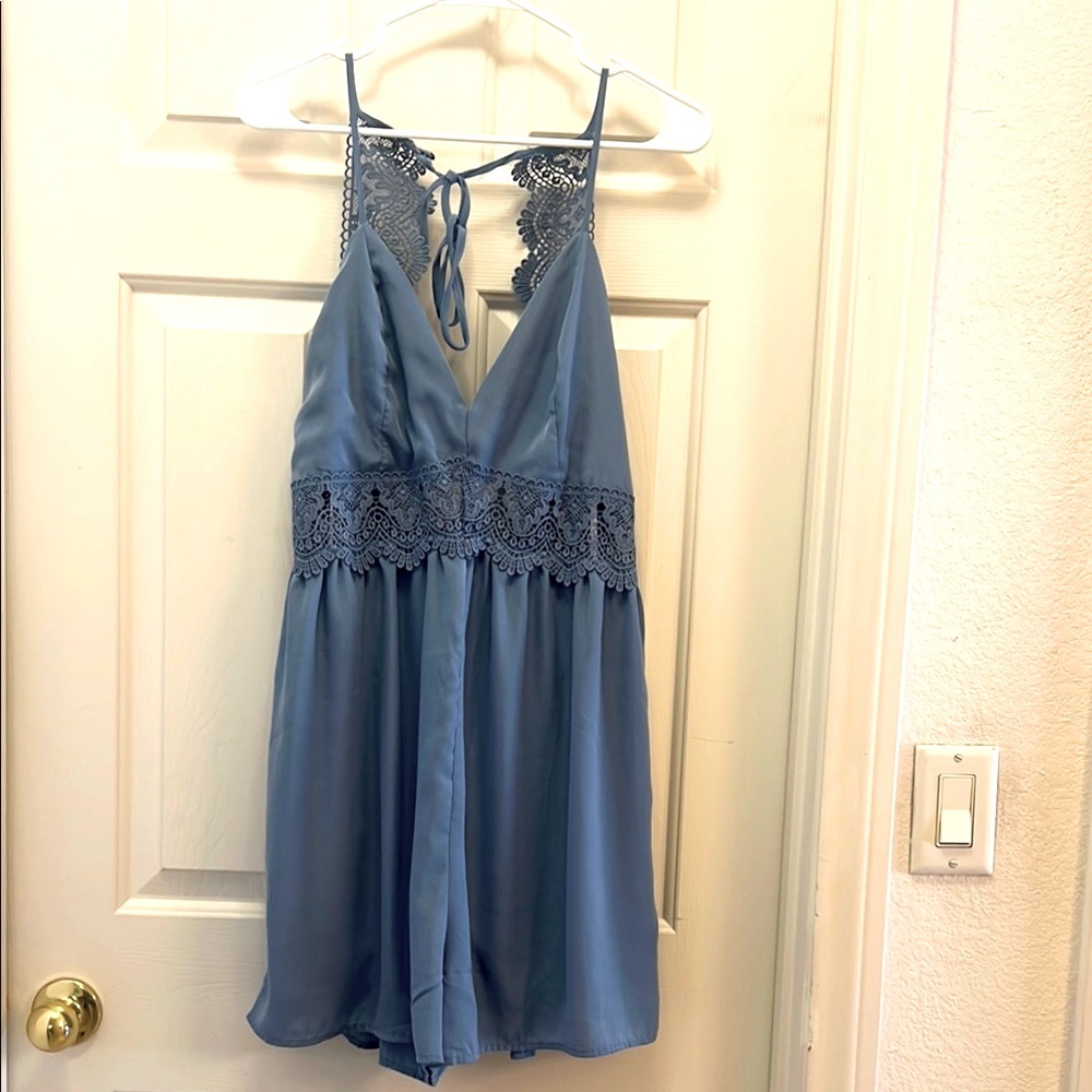 Blue lace cullottes/dress. Just darling and unique.